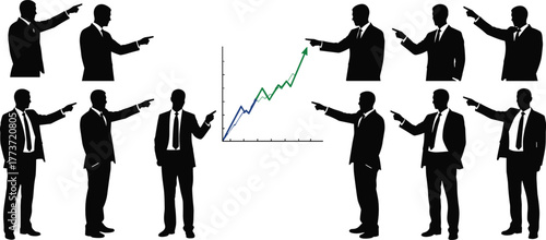Silhouette business team pointing at growth chart, financial success, data analysis, teamwork strategy, corporate progress, upward trend, performance improvement