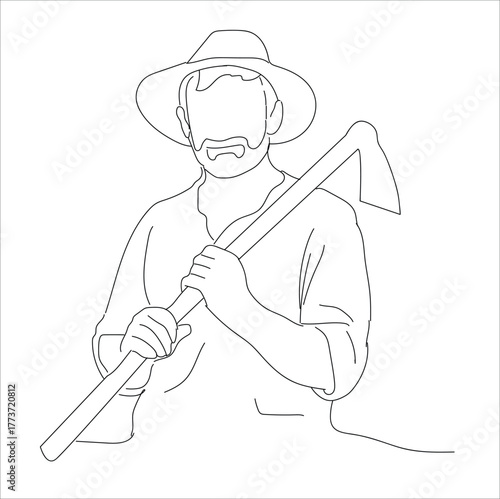 farmer carrying a hoe. Single line drawing of a farmer carrying a hoe 