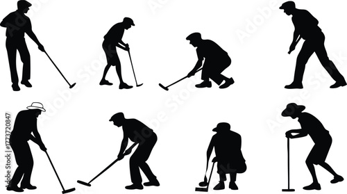 Dynamic silhouettes capture golfers in various stances, swinging, putting, and walking the course with focused energy and athletic grace