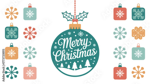 Festive merry christmas greeting with ornate hanging ornament surrounded by colorful decorative baubles and snowflakes