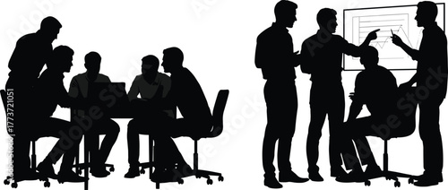Silhouette of office meeting, collaboration, presentation, teamwork, conflict resolution, graph analysis, group discussion, business strategy, productivity, analytics