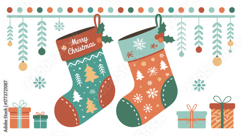 Two festive christmas stockings hanging with merry christmas text and surrounded by gifts and snowflakes