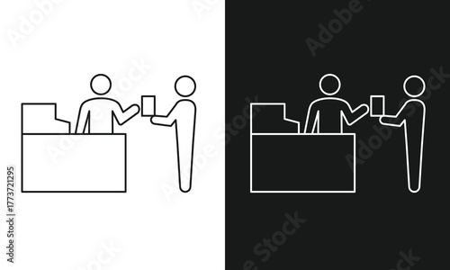 Customer Transaction and Check-in Counter Icon with Agent, Clerk, and ID or Passport Verification