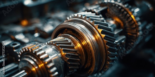 Closeup of metallic gears meshing together in a mechanical system