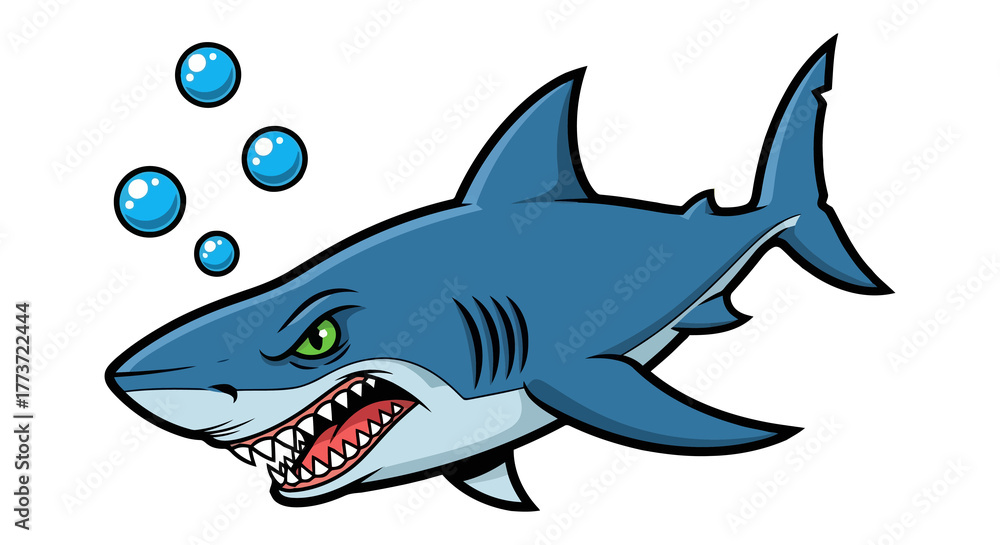Fototapeta premium Cartoon shark with bubbles isolated on transparent background, showing its teeth