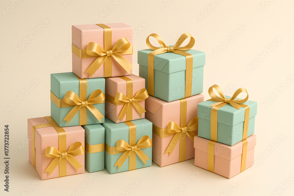 Obraz premium A stack of beautifully wrapped gifts in pastel colors, adorned with golden ribbons and bows, perfect for any celebration, christmas