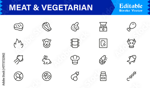 Meat And Vegetarian Food Line Icon Set – Professional, Minimal, Modern, and Editable Collection of Pixel-Perfect Outline Icons for Healthy Lifestyle Designs