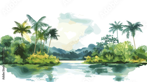 Cuyabeno Wildlife Reserve. Cuyabeno Wildlife Reserve hand drawn watercolor illustration