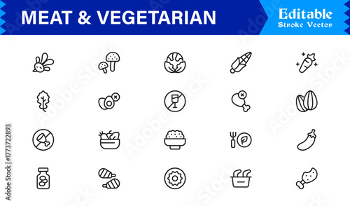 Meat And Vegetarian Food Line Icon Set – Professional, Minimal, Modern, and Editable Collection of Pixel-Perfect Outline Icons for Healthy Lifestyle Designs