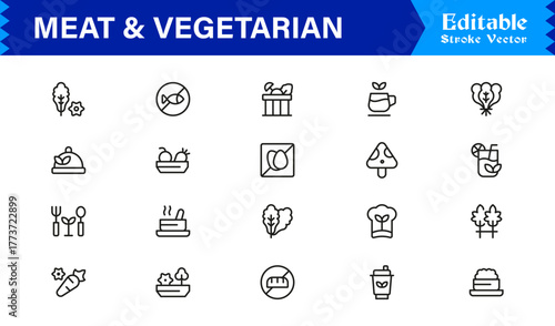 Meat And Vegetarian Food Line Icon Set – Professional, Minimal, Modern, and Editable Collection of Pixel-Perfect Outline Icons for Healthy Lifestyle Designs