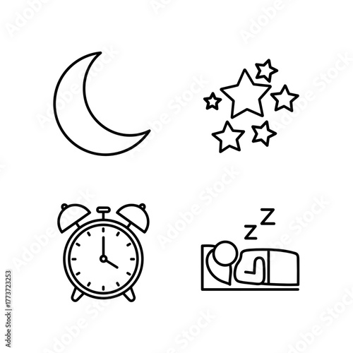 Sleep icons featuring moon, stars, clock, and person in bed  Sleep hygiene