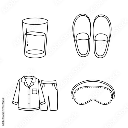 Sleep essentials including pajamas, slippers, glass of water, and eye mask  Sleep hygiene