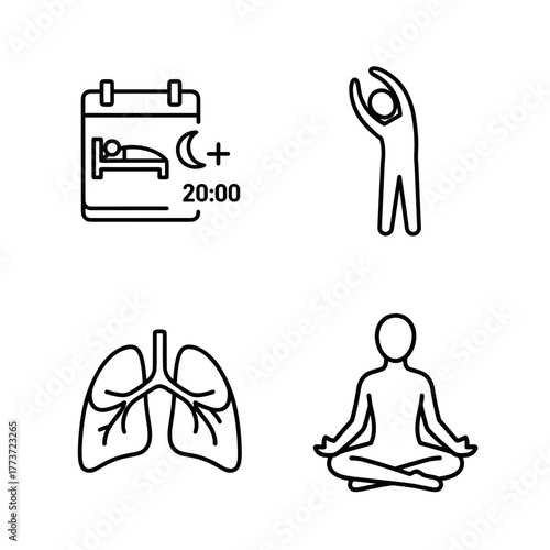 Health icons depicting sleep, exercise, lungs, and meditation  Sleep hygiene