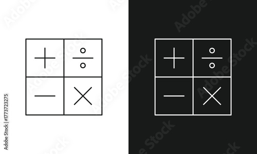 Minimalist Math Symbols Line Art Icon, Simple Calculator Keypad with Plus, Minus, Multiply, and Divide, Modern Vector Graphic for Arithmetic, Education, and Finance, Black and White Versions.