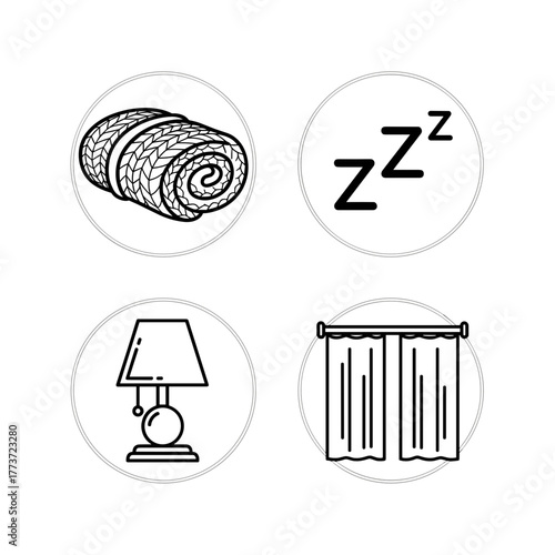 Icons of cozy sleep elements including blanket, lamp, curtains  Sleep hygiene