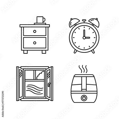 Line art icons of bedroom nightstand, alarm clock, window, and humidifier  Sleep hygiene