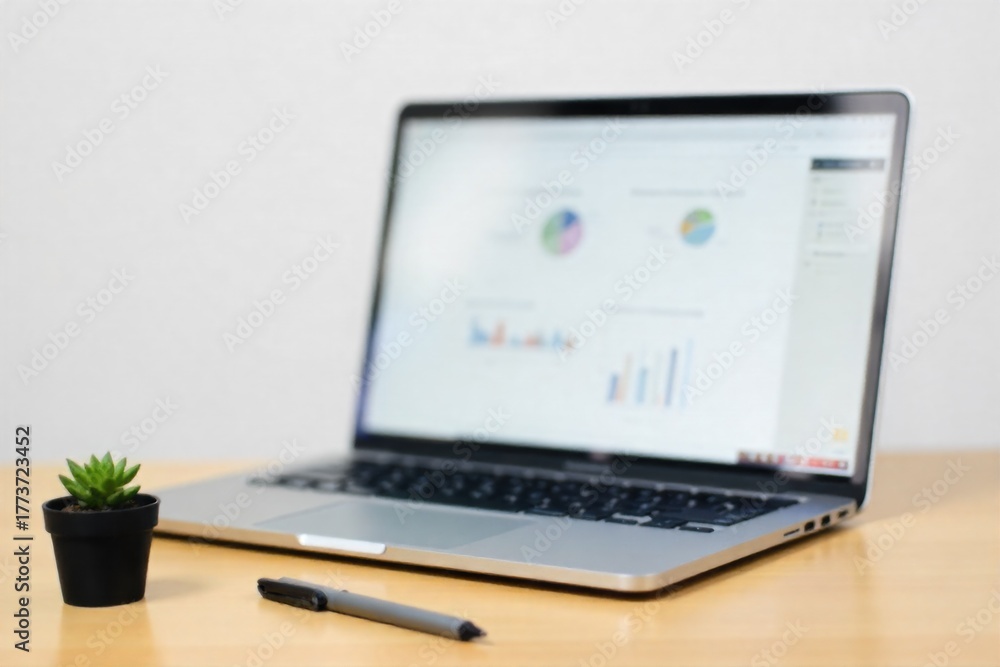 Fototapeta premium Stylized office desk environment, focusing on tools of productivity and planning, devoid of any human presence. Minimalist office desk setup. A sleek laptop, open notebook with abstract diagrams, a