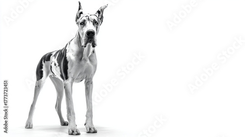 A full body shot of a great dane dog with black and white spots standing on white background