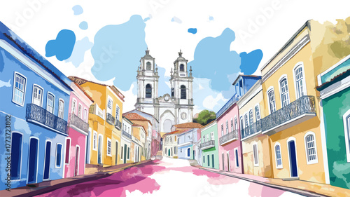 Pelourinho Historic Center. Pelourinho Historic Center hand drawn watercolor illustration