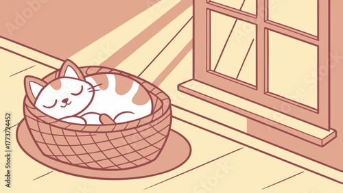 Cute cat sleeping in a cozy basket by the sunny window in a peaceful room