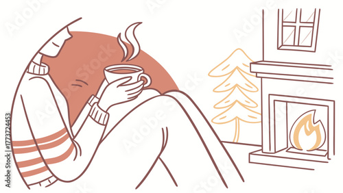 Woman relaxing with hot drink by the fireplace in cozy autumn atmosphere
