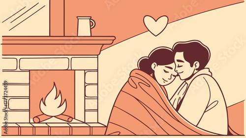 Couple wrapped in blanket cuddling near fireplace in cozy autumn atmosphere with love and warmth