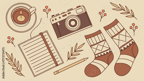 Cozy autumn flat lay with socks, camera, notebook, candle and warm drink in hygge style