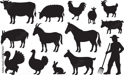 Farm animals and farmer silhouette collection