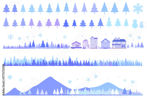 雪降る街並みのシルエットのイラストセット　背景イラスト