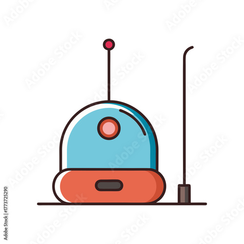 Stylized cartoon illustration of a futuristic robot with antennas and a glowing red eye