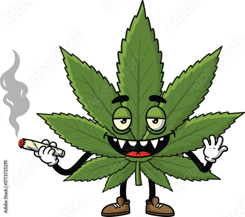 Cartoon marijuana leaf character smoking joint, funny cannabis illustration with shoes and arms, stoner culture artwork, weed mascot vector design
