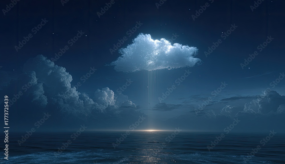 Fototapeta premium Night sky over calm sea with luminous cloud