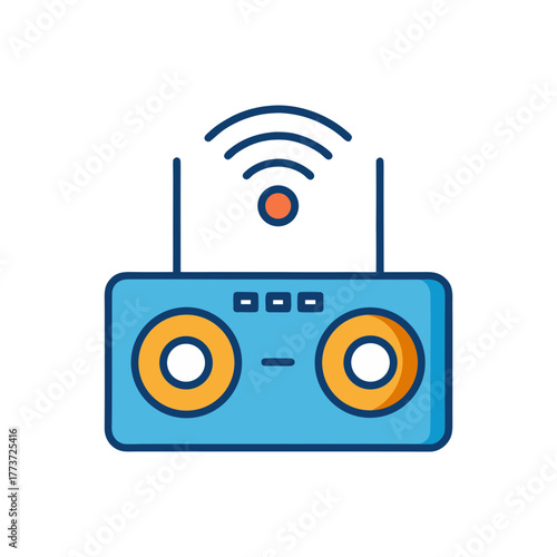 Modern blue wireless speaker with antenna and wi fi signal icon