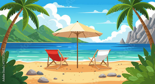 Idyllic tropical beach scene with palm trees, lounge chairs, and a large umbrella facing the ocean, perfect for vacation and relaxation