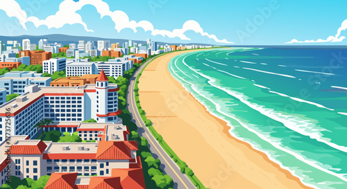 Scenic coastal landscape illustration featuring a beach, ocean, buildings, and a road under a blue sky