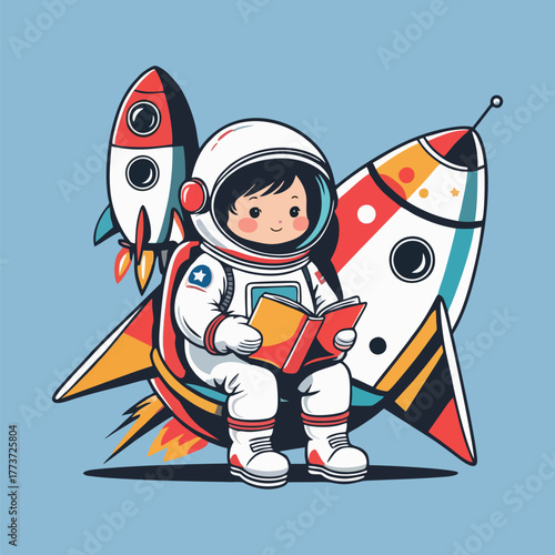 A charming illustration of a joyful astronaut relaxing on a rocket, holding a book that opens to reveal a swirling galaxy, while friendly space creatures float around, marveling at the sight.