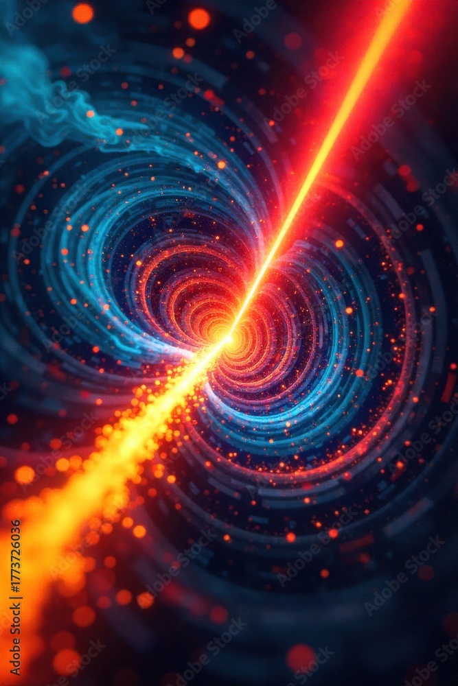 Fototapeta premium Laser focus a single, sharp laser beam cutting through a chaotic, abstract swirl of color, signifying decisive problem solving. A sharp, high intensity laser beam of electric blue color piercing
