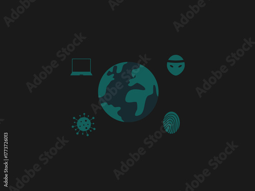A graphic showing the globe surrounded by icons representing global cyber threats