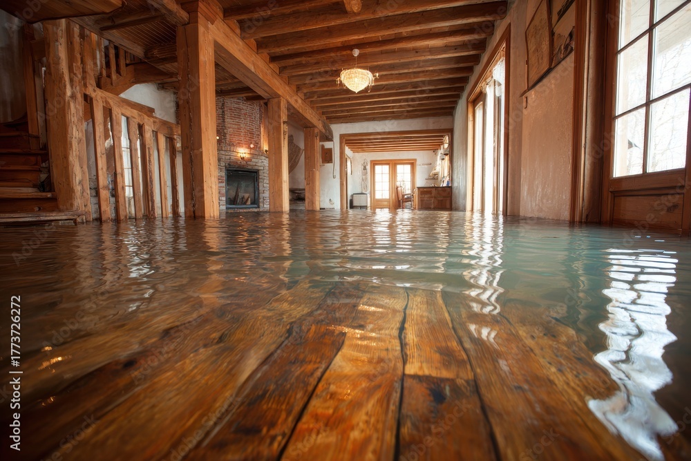 Obraz premium Interior of a rustic wooden house flooded with water