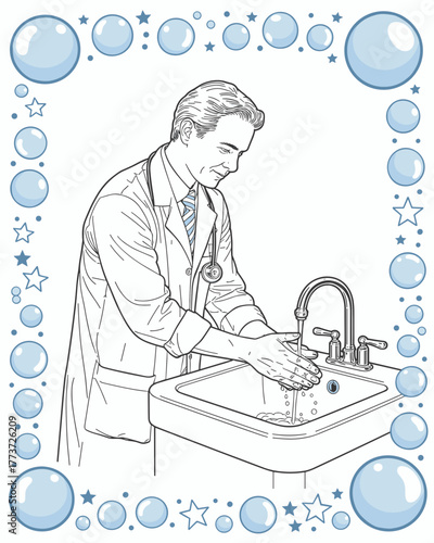 Coloring page of doctor a doctor meticulously washes his hands at a sink, emphasizing hygiene and cleanliness in a healthcare environment, a crucial step in preventing germ spread