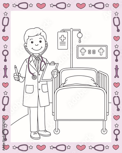 Coloring page of doctor a smiling doctor stands next to a hospital bed with an iv drip, ready to care for patients in a medical setting, illustration for children