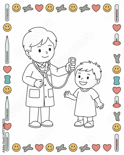 Coloring page of doctor a doctor wearing a stethoscope and lab coat is checking a childs temperature with a thermometer, with a decorative border of medical symbols and smiley faces