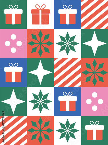 Seamless background vector illustration, composed of geometric gift box pattern, colorful stripes, and stars.