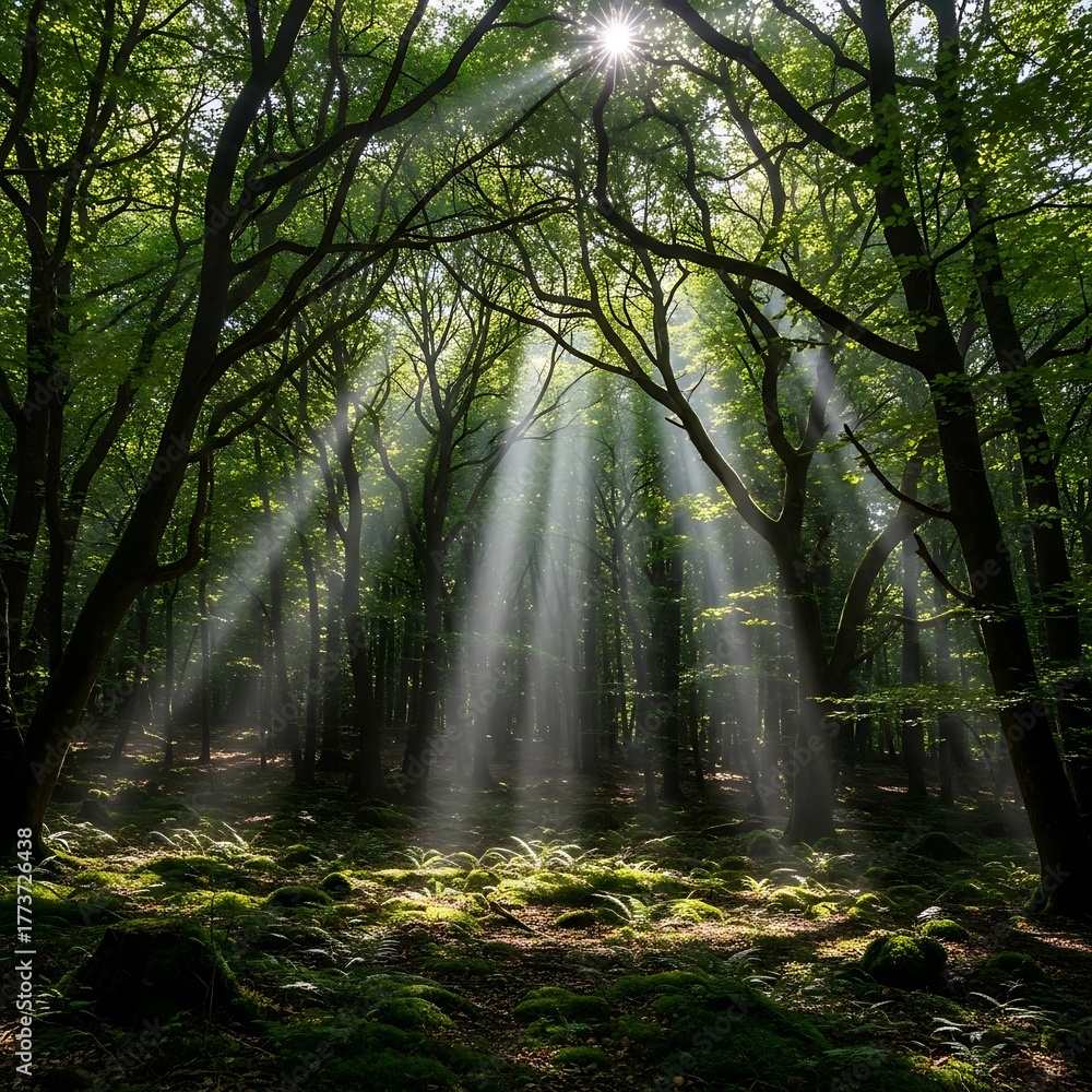 Fototapeta premium Sunlight piercing through the dense canopy of a lush forest.