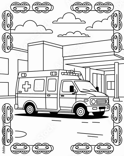 Coloring page of doctor a black and white line drawing of an ambulance parked on a city street with buildings in the background and a decorative border of circular shapes