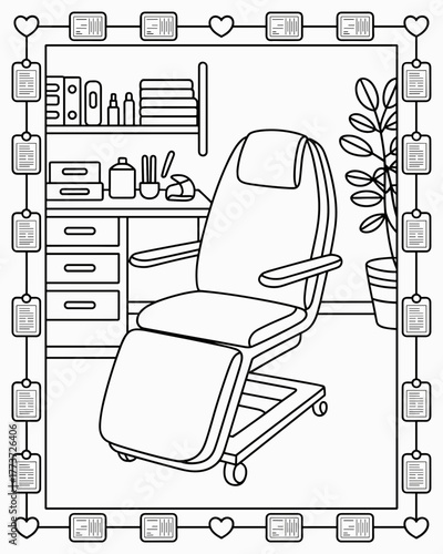 Coloring page of doctor a black and white line drawing of a reclining chair in a room, possibly a spa or salon, with shelves and bottles in the background and a decorative border of hearts and squares