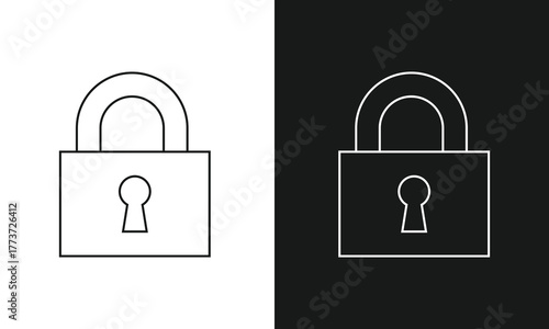 Minimalist Padlock Line Art Icon, Simple Lock and Keyhole Symbol for Security, Safety, and Privacy, Modern Vector Graphic for Web and App UI Design, Black and White Versions.