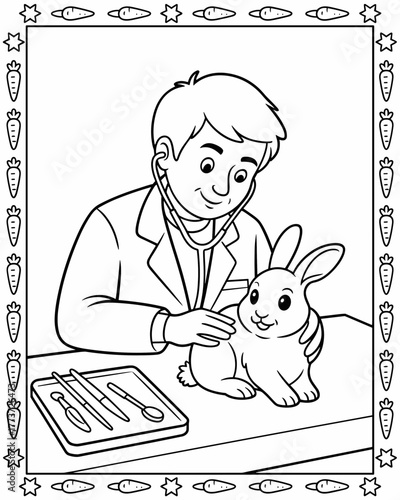 Coloring page of doctor a veterinarian examines a rabbit with a stethoscope, with medical instruments on a tray nearby, in a line art illustration