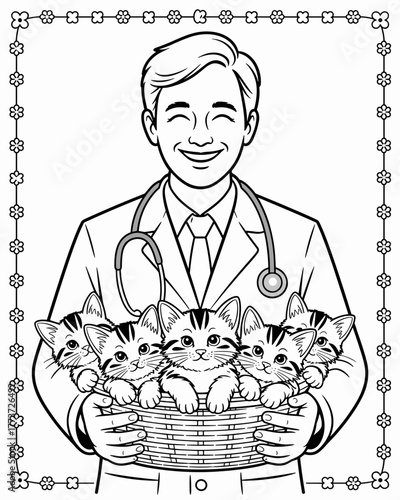 Coloring page of doctor a smiling veterinarian holds a basket filled with five cute kittens, wearing a stethoscope, in a line art illustration