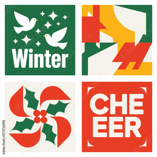 Modern seasonal design of geometric christmas illustration, featuring winter cheer typography and peace doves.